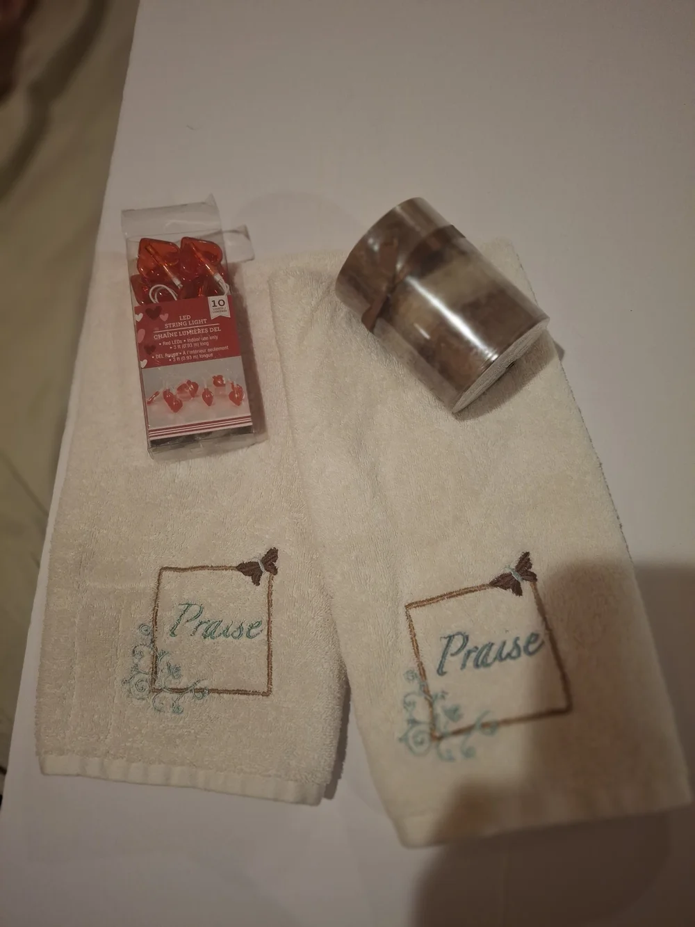 Embroidered 'Praise' Hand Towels - Set of 2 With Candle And Heart Lights